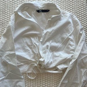 Zara White Long Sleeve Cropped Shirt